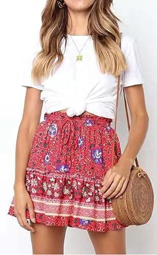 Hoerev Womens Girls Floral Flared Short Skirt Cute High Waist Ruffle Skirt Beach Mini Skirt - Large - Black_daisy thumbnail 8