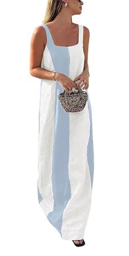CHARTOU Women Summer Sleeveless Linen Dress Contrast Color Maxi Long Beach Vacation Tank Dress - Image 1