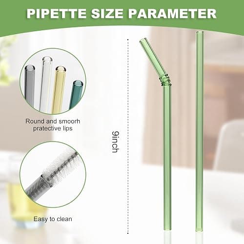FBAJOJO, coloured glass straws, 8 inch long, 8 mm diameter, 12 wear resistant heat resistant straws, with 4 straw cleaning brushes, 6 straight, 6 curved design thumbnail 3