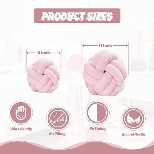 Uvvyui Knot Pillow Ball, Soft Pink Home Decor Knotted Pillows, Handmade Round Plush Throw Pillow, Aesthetic & Cute Large Decorative Pillows for Bed, Floor, Couch, Bedroom Home Decor 8 inches - Pink - Small-8 Inch thumbnail 2