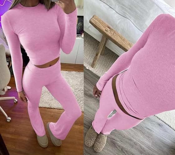ZFLM Casual Workout Two Piece Outfits Long Sleeve High Waist Fold-Over Flared Leggings Pants Tracksuit Sets Streetwear thumbnail 4