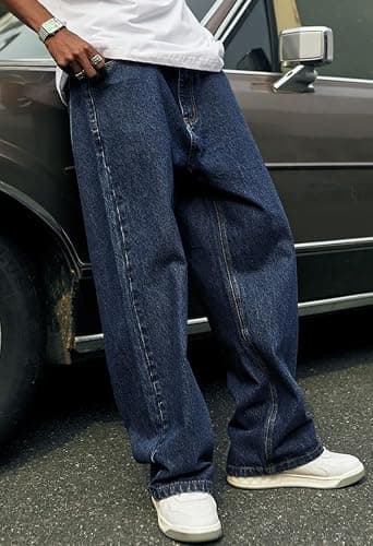 Mens Baggy Jeans Y2k Skater Vintage Plain Pants Casual Wide Leg Loose Fit Denim Hip Hop Jean thumbnail 6