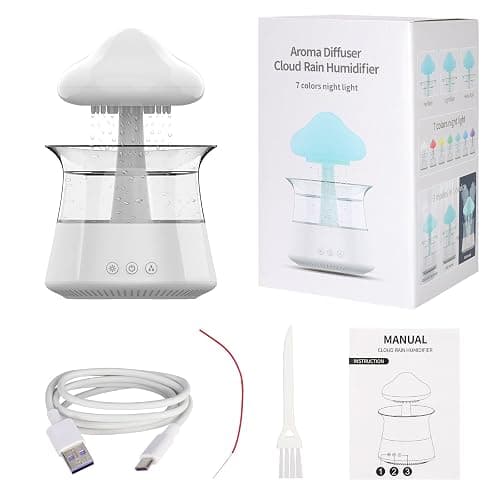 Cloud Rain Humidifier for bedroom with Soothing Rain Sounds - Bedroom Sleep Aid, Waterfall Night Light, Mushroom Design Air Moisturizer for bedroom and living room (White) thumbnail 9