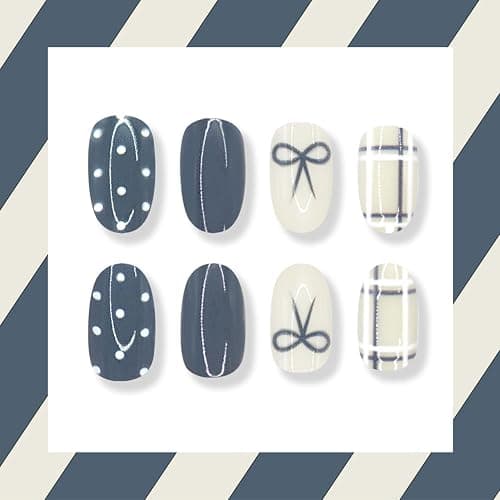 24 Pcs Polka Dot Press on Nails Almond Fake Nails Medium Nails Press Ons with Bow Grid Design Full Cover Glossy Artificial Reusable Stick on Nail for Women thumbnail 5