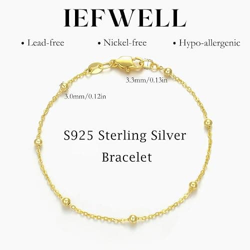 IEFWELL S925 Sterling Silver Bracelet for Women - 14K-Real-Gold-Plated Satellite Bead Chain Bracelet, 6.5/7/7.5/8/8.5/9 Inches Sterling Silver Chain Bracelets, Valentines Gifts Jewelry for Women thumbnail 5