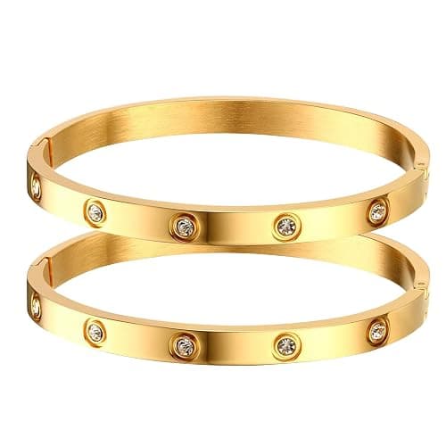 MPRAINBOW Gold Bracelets for Women, 2Pcs 18K Gold Plated Cubic Zirconia Bangle Crystal Friendship Bracelet Jewelry,Wedding Party Christmas Birthday Gifts for Her Girlfriend Sister Daughter - Image 1