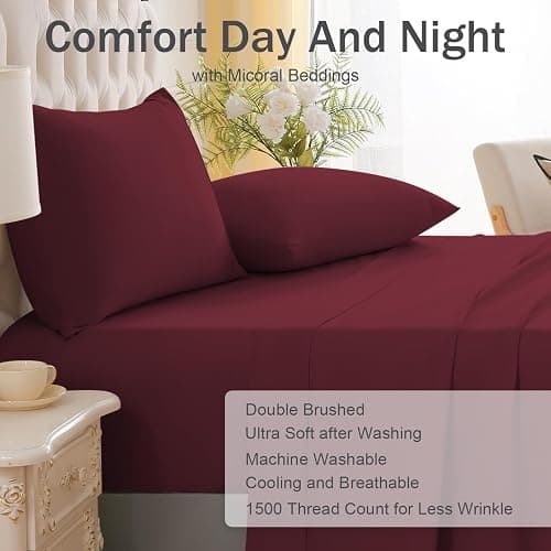 MICORAL Full Bed Sheets Set, Soft Breathable Bedding Sheet Set, Sheets Set with 16" Deep Pocket Design (4 Pieces, Full, Wine Red) thumbnail 3