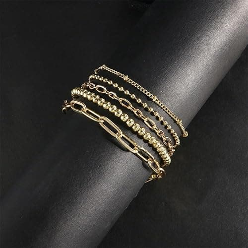 CYWQ 14K Gold Chain Bracelet Sets for Women Girls Dainty Gold Paperclip Link Bead Bracelet Layered Metal Link Bracelet Fashion Jewelry thumbnail 6