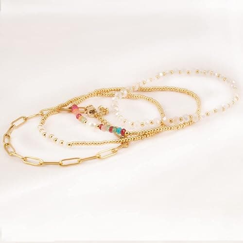 Pymach Dainty Gold Plated Pearl Crystal Beaded Bracelets Set for Women 14K Gold Plated Bead Pearl Beads Bracelet Stackable Paperclip Link Chain Bracelets Gold Plated Bracelets for Women Trendy Jewelry thumbnail 3
