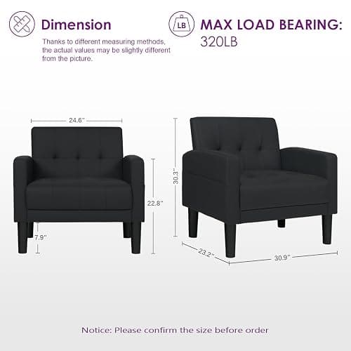 TYBOATLE Accent Chair Set of 2 Living Room Chairs Cozy Tufted Mid Century Modern Black Accent Chairs with Arms for Bedroom Comfy Reading Arm Chair Small Chairs for Small Spaces Office(2, Black) - 30.9inch-2 - Black thumbnail 2