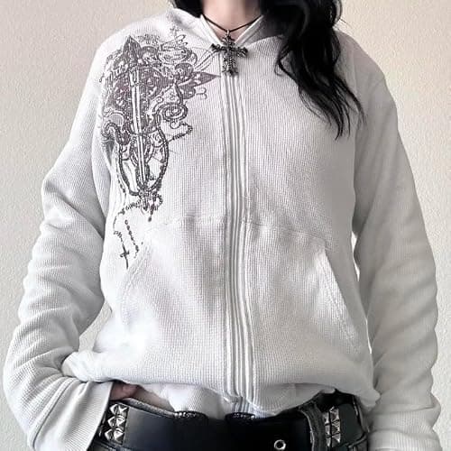 GGOOB Y2k Oversized Zip Up Hoodie Women Men Grunge 2000s Graphic Lightweight Hoodie Gothic Sweatshirts Streetwear thumbnail 2