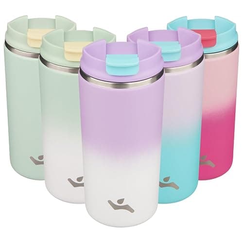 Konokyo 12oz Travel Coffee Mug with Lid, Insulated Stainless Tumbler | Purple White; BPA-free, leak-proof travel mug for hot coffee, iced coffee, office, home, camping, commute & daily use - Image 1