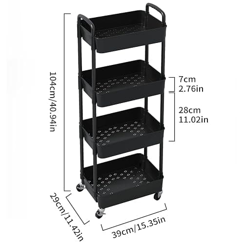 Sywhitta 4-Tier Plastic Rolling Utility Cart with Handle, Multi-Functional Storage Trolley for Office, Living Room, Kitchen, Movable Storage Organizer with Wheels, Black thumbnail 3