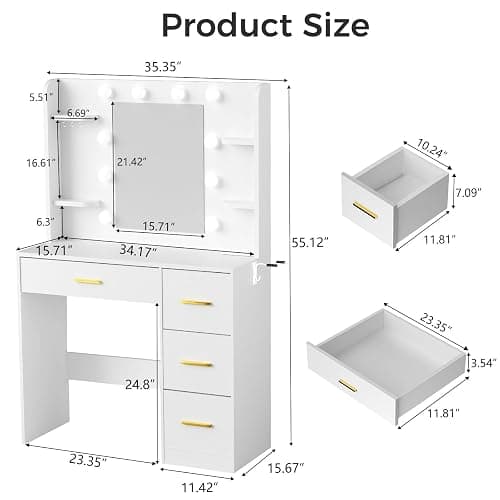 HABIUBIU 35” Small Vanity Desk with Mirror and Lights,10 Lights,3 Color Modes,Makeup Vanity Desk with 4 Storage Shelves 4 Drawers and Power Outlet,for Bedroom & Dressing Room,White vanitys thumbnail 2