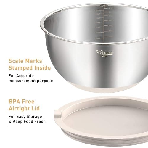 Wildone Mixing Bowls with Airtight Lids Set, 5PCS Stainless Steel Khaki Nesting Bowls for Kitchen, with Grater Attachments & Non-Slip Bottoms, Size 5, 3, 2, 1.5, 0.63 QT, Great for Mixing & Serving thumbnail 4