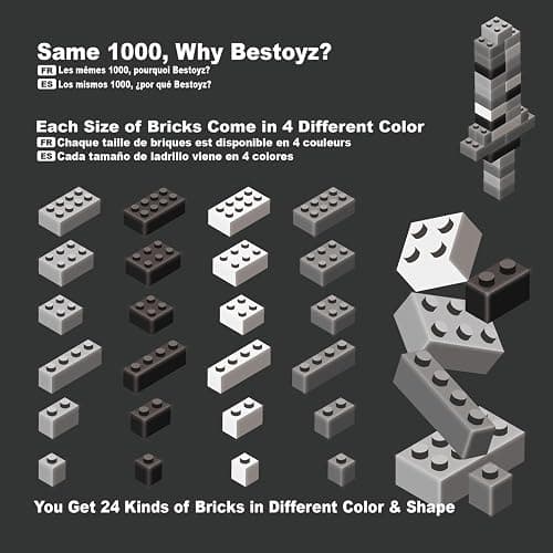 Building Bricks 1000 Pieces in Black, Dark Grey, Light Grey & White, Classic General Building Blocks Toys for Boys & Girls, Bulk Basic Brick Tiles for Adult's Building Projects thumbnail 4