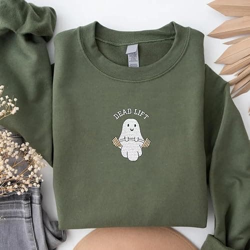 Embroidered Ghost Sweatshirt, Cute Ghost Dead Lift Sweatshirt,Spooky Season, Halloween Crewneck, Ghost Shirt thumbnail 2