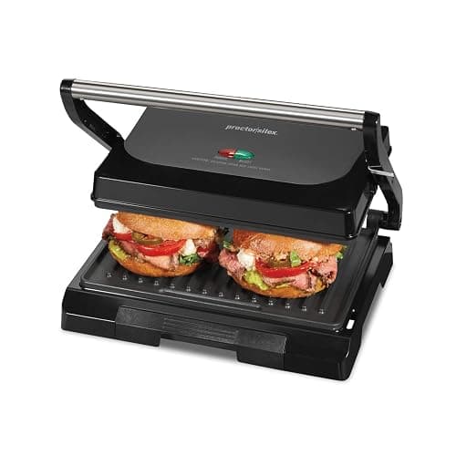 Proctor Silex 4 Serving Panini Press, Sandwich Maker and Compact Indoor Grill, Upright Storage, Easy Clean Nonstick Grids, Black (25440PS) - Panini Press - Image 1