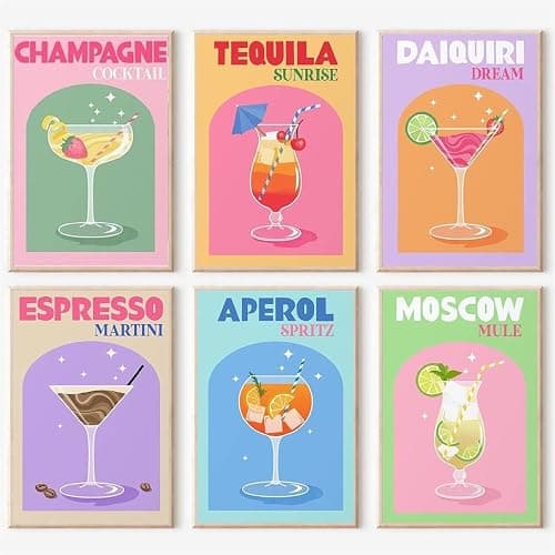 6 Pack Retro Cocktail Paint by Numbers Kit for Adults Beginner,Vintage Easy Paint by Number on Canvas,Acrylic oil watercolor Painting kit Arts and Crafts for Bar Party Room Wall Decor (8x12 inch) - Image 1
