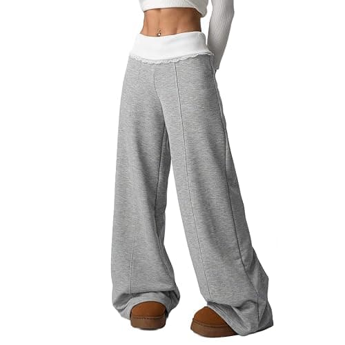 Fold Over Pants Women Flare Y2K Wide Leg Color Block Lace Foldover Sweatpants Casual Bottoms Baggy Streetwear Sweat Pants - Image 1
