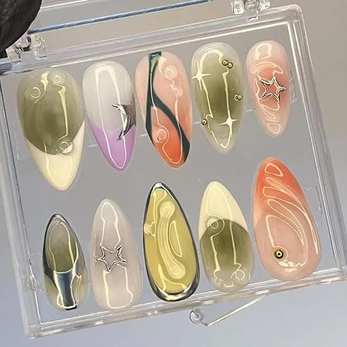 MAGLFELL 10PCS Handmade Nails Press On Nails Almond Art False Nails Women's Nails Kit,Small Size - Image 1