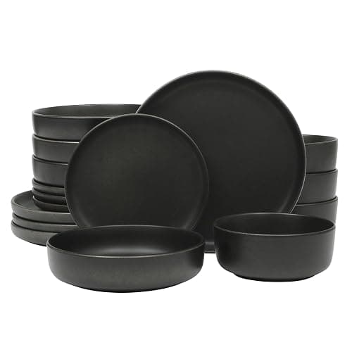 Gibson Elite Pasco 16 Piece (Service for 4) Plates and Bowls Double Bowl Reactive Glaze Dishes Stoneware Ceramic Dinnerware Set - Black - Image 1