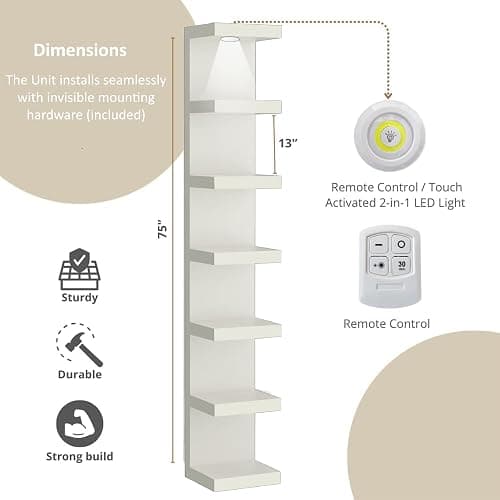 MAC Wall Shelf Unit, Wall Shelves, Vertical Column Shelf Storage Home Decor Organizer Design Utility Shelving, Design for Bedroom Living Room, White thumbnail 2
