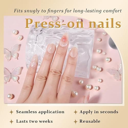 evpct 3D Nude Pink Handmade Press On Nails Almond Short, 3D Flower Butterfly Design Fake Nails Rusable for Spring & Summer Daily Wear, False Acrylic Nail with Glue Press ons Nail for Women Gift 30Pcs thumbnail 3