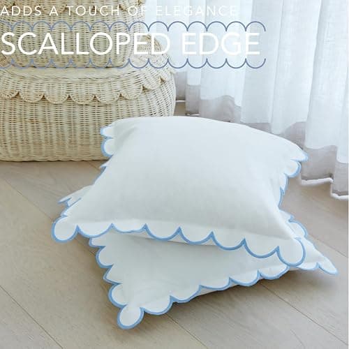 BEBE BASK Scalloped Pillow Cover - Set of 2-18 x 18 Inch - Scallop Pillow Cover – White and Blue Scalloped Pillows - Scallop Pillows - 100% Cotton - Grandmillennial Style (White/Blue) - White/Blue thumbnail 3