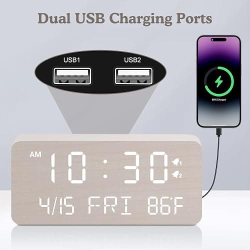 Andoolex Wooden Digital Alarm Clock with Wireless Charging, 0-100% Adjustable Brightness Dimmer and Volume, Weekday/Weekend Mode, Dual Alarm, Snooze, 12/24H, Wood LED Clock for Bedroom (White) thumbnail 3