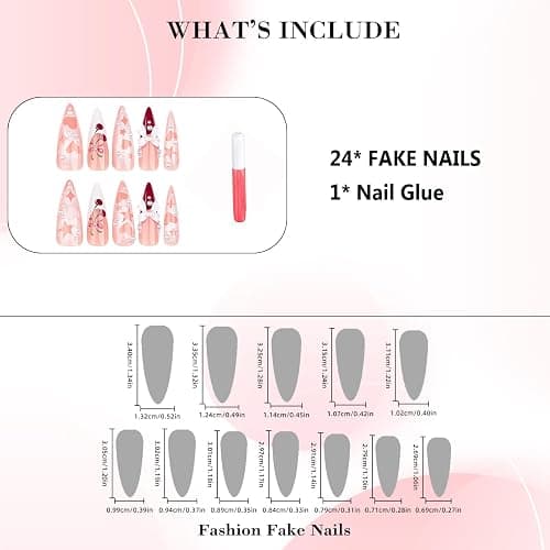 IMRAIN Long Press on Nails Stiletto Red French Tips Fake Nails Full Cover Glossy Acrylic Nails Press ons Cute Cherry & Bow Designs Glue Stick on False Nails for Women 24Pcs thumbnail 5