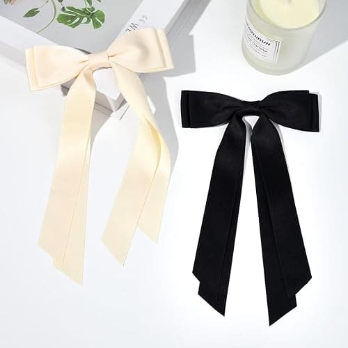 2PCS Hair Bows Hair Clip Beige Black Hair Ribbon Ponytail Holder Accessories Slides Metal Clips Hair Bow for Women Girls Toddlers Teens Kids thumbnail 2