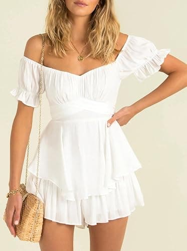 Fixmatti Women Boho Romper Off Shoulder Ruffle Chiffon Shorts Jumpsuit Playsuits thumbnail 3