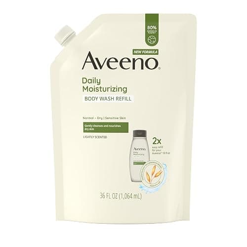 Aveeno Daily Moisturizing Body Wash for Sensitive Skin + Prebiotic Oat, Gently Cleanses, Nourishes & Feels Moisturizing Dry Skin, Light Fragrance, Refill Pouch, 36 fl. oz - Image 1