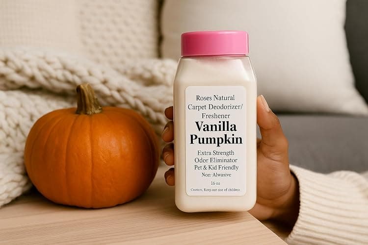 Roses Natural Carpet Deodorizer Powder – Vanilla Pumpkin Scent, Extra Strength Odor Eliminator, Pet & Kid Friendly, Non-Toxic, 16 oz thumbnail 3