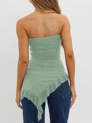 Womens Strapless Tube Tops Summer Asymmetrical Long Ruched Mesh Shirts Cute Y2k Ruffle Hem Going Out Bandeau Top thumbnail 5