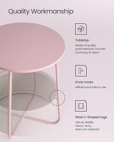 VASAGLE Small Round Side End Table, Small Nightstand with Fabric Basket | Modern Bedside Table, for Living Room, Bedroom, Jelly Pink and Cream White, LILEA Collection ULET223R61 thumbnail 5