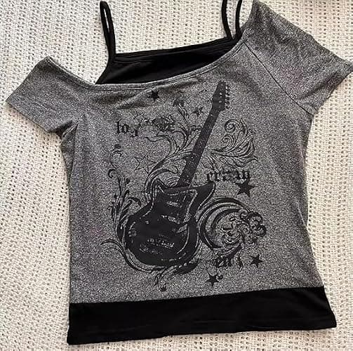 Y2k Baby Tee Women Crop Top Summer 2025 Streetwear 2000s Goth Emo Grunge Shirts Fake 2 Piece Grahpic Tees thumbnail 3