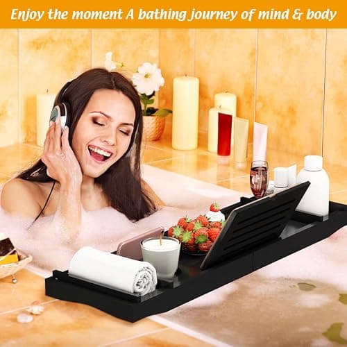 Bamboo Bathtub Tray for Luxury Bathroom, Expandable Premium Bath Tray w/Soap Towel Book Holder, Adjustable Bath Accessories for Tub,Extendable Tub Tray with Wine Glass Cup Organizer 29.5"-43.3" Black thumbnail 5