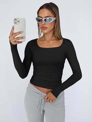 Trendy Queen Womens Long Sleeve Shirts Crop Tops Fall Fashion 2025 Square Neck Going Out Basics Tees Y2k Clothes thumbnail 2