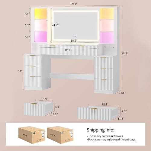 HAUOMS Big Vanity, Fluted Wood Makeup Vanity Desk with Mirror and Sound Sync LED Lights, Large Vanity Dressing Table, 8 Drawers, Charging Station for Girls, Women (White, 59.1" Width) thumbnail 2