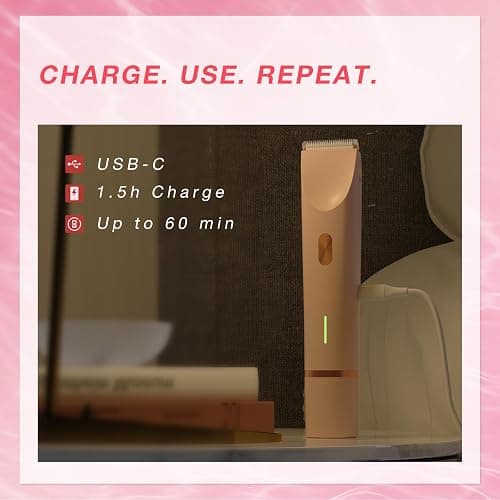 AMURS Bikini Trimmer for Women, Dual-Head Electric Body Hair Trimmer for Sensitive Areas, IP67 Waterproof Rinsable, USB-C Rechargeable Groomer for Bikini Line, Underarms, Legs & Face, Soft Pink thumbnail 7