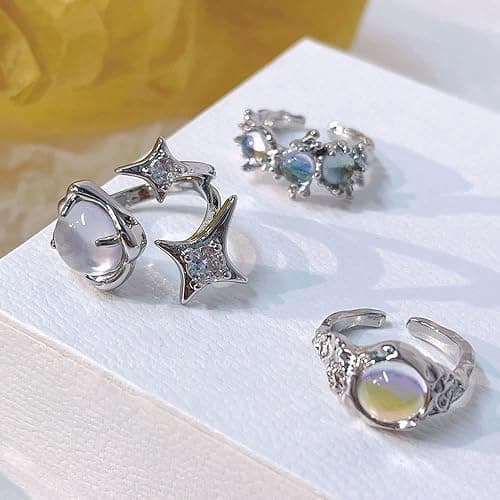 KURTCB Y2k Rings Set Carnelian Rings Irregular Agate Opal Moonstone Bud Flower Star Finger Rings Opening Adjustable Rings for Women thumbnail 2