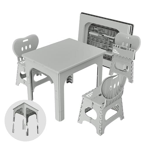 UNICOO® Kids Foldable & Height Adjustable Table Set w/2 Folding Chairs, Compact, Collapsible & Portable, Toddler Activity, Picnic Table, Card Table, Indoor/Outdoor (699) (Light Gray) - Image 1