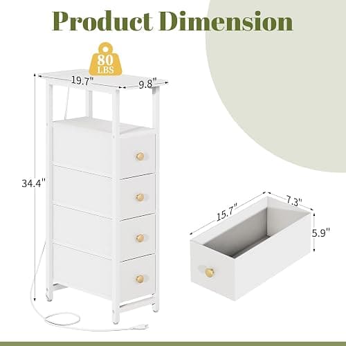 Yoobure LED Narrow Nightstand with Charging Station - Slim Dresser for Bedroom Narrow Side Table Storage Cabinet, Small Dressers Chest of Drawers, Tall Night Stand End Table for Small Spaces, White thumbnail 2