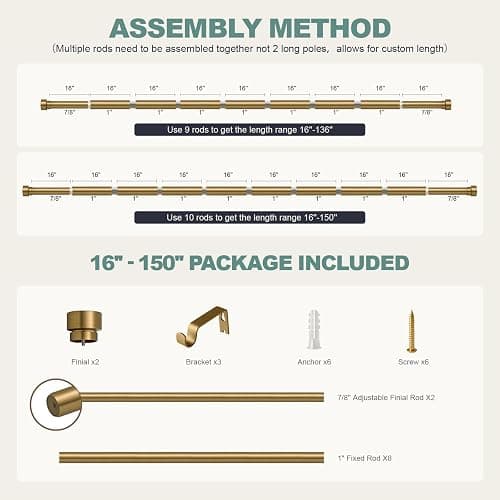 Lootkell Warm Gold Curtain Rods for Windows 72 to 144 Adjustable Length Heavy Duty 1" Diameter Brass Bronze Long Window Curtain Rod with Solid Metal Finials for Outdoor Farmhouse Bedroom Living Room thumbnail 9