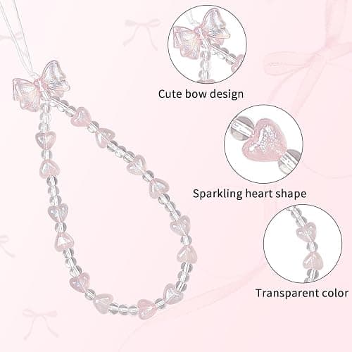 inewateri 2 Pack White & Pink Sparkling Bowknot Love Beaded Chain-Phone Lanyard Set, Multi-Purpose Cellphone Bag Key Accessory, Aesthetic Wrist Strap for Women Girls - Sparkle thumbnail 3