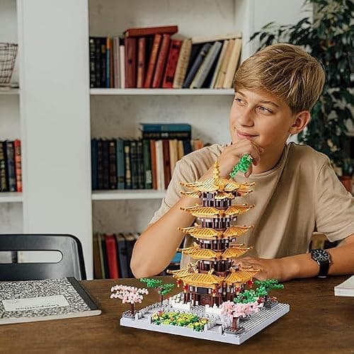 Chinese Architecture Building Block, Yellow Crane Tower Micro Building Kit | with Cherry Blossom Tree for Adults, Collectible Miniature Model, Historic Temple Landmark DIY Creative Gift (2200PCS) thumbnail 8