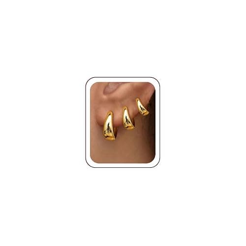 3 Pairs Gold Hoop Earrings Set for Women Trendy Chunky Small Huggie Jewelry | 14K Real Gold Plated Hypoallergenic Earrings for Sensitive Ears Non Tarnish, Stacks for Multiple Piercings Women Gifts thumbnail 8