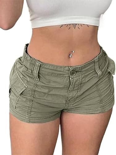 Women's Cargo Shorts with Elastic Waist, Low Rise, Pockets - Y2k Egirls Slim Fitted Vintage Harajuku Streetwear thumbnail 2